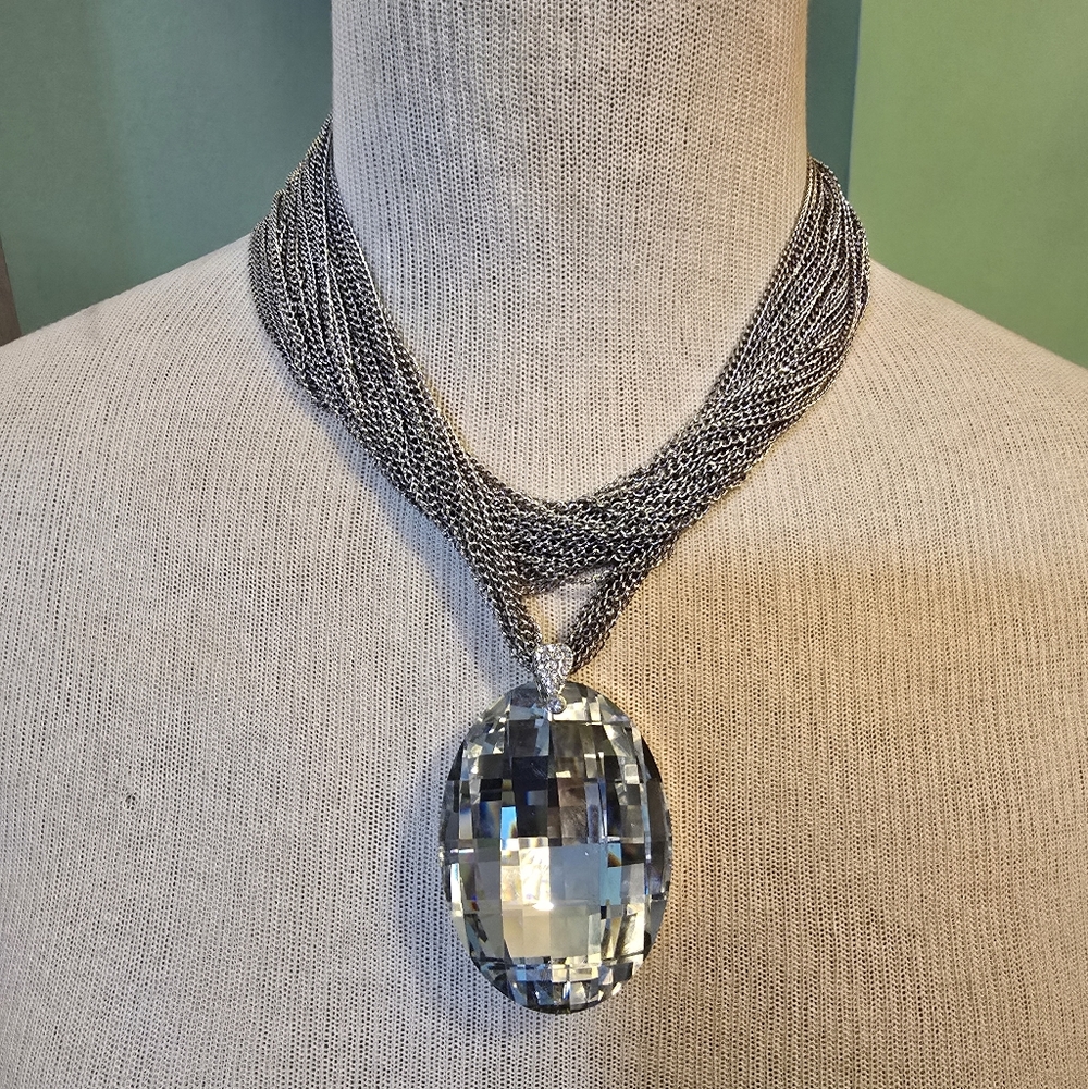 Elegant Silver Multi-Strand Necklace with Crystal Pendant Set
